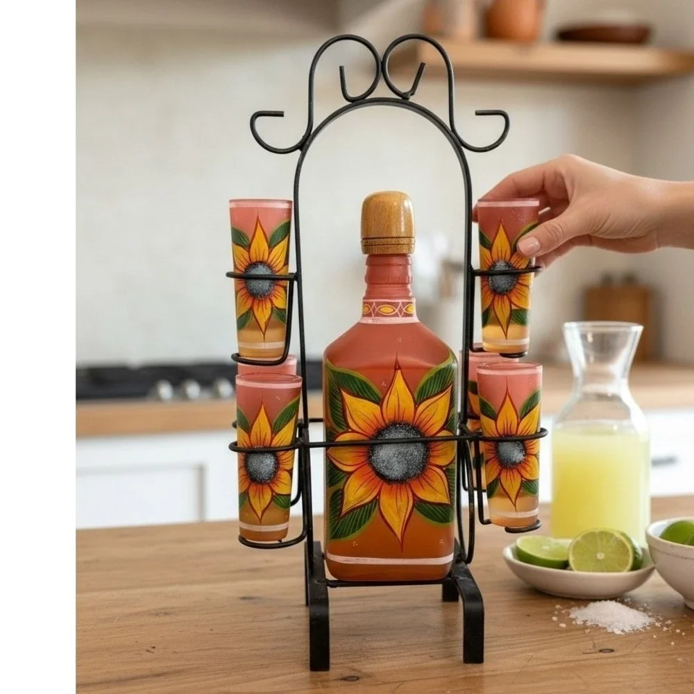 Mexican Hand Painted Sunflower Tequila Decanter Set 6 Shot Glasses Wrought Iron